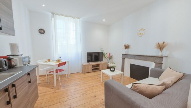 A modern living room with a sofa, TV, fireplace, and a dining area with a table and chairs. - Cœur de Pau - Parking included - Le Joyau (Pau)