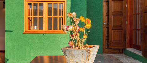 A rustic, weathered flower pot on a table in front of a green building with a wooden door and window.