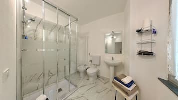 Hair dryer, towels, soap, shampoo