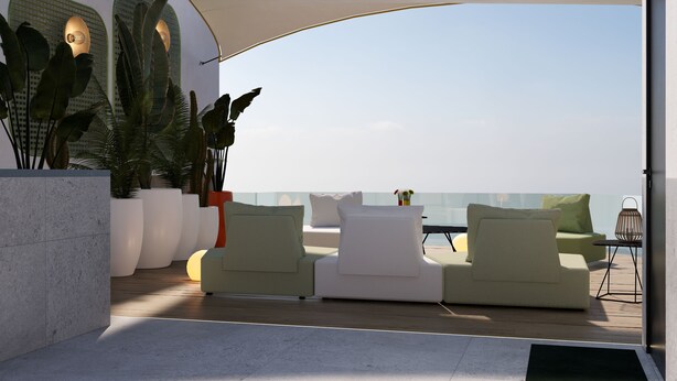 A modern outdoor seating area with a view of the sea, featuring a large umbrella, potted plants, and contemporary furniture. - Sholeo Lodges Las Canteras Flats (Las Palmas de Gran Canaria)