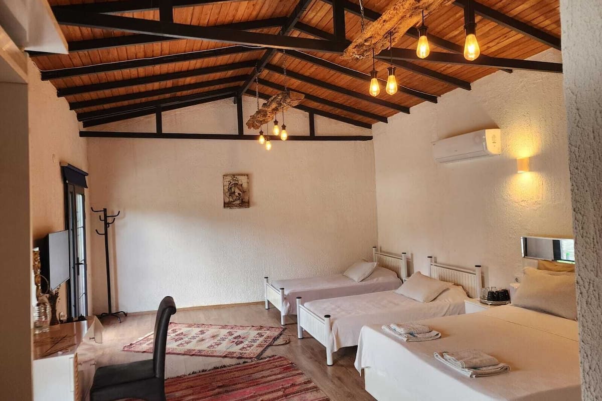 Una habitación con dos camas, una silla, techo de madera y luces colgantes.