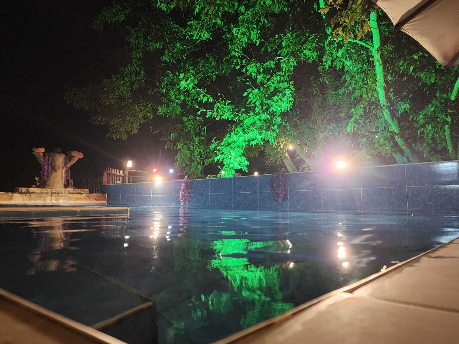 A nighttime swimming pool with a fountain, surrounded by trees and illuminated by green lights.