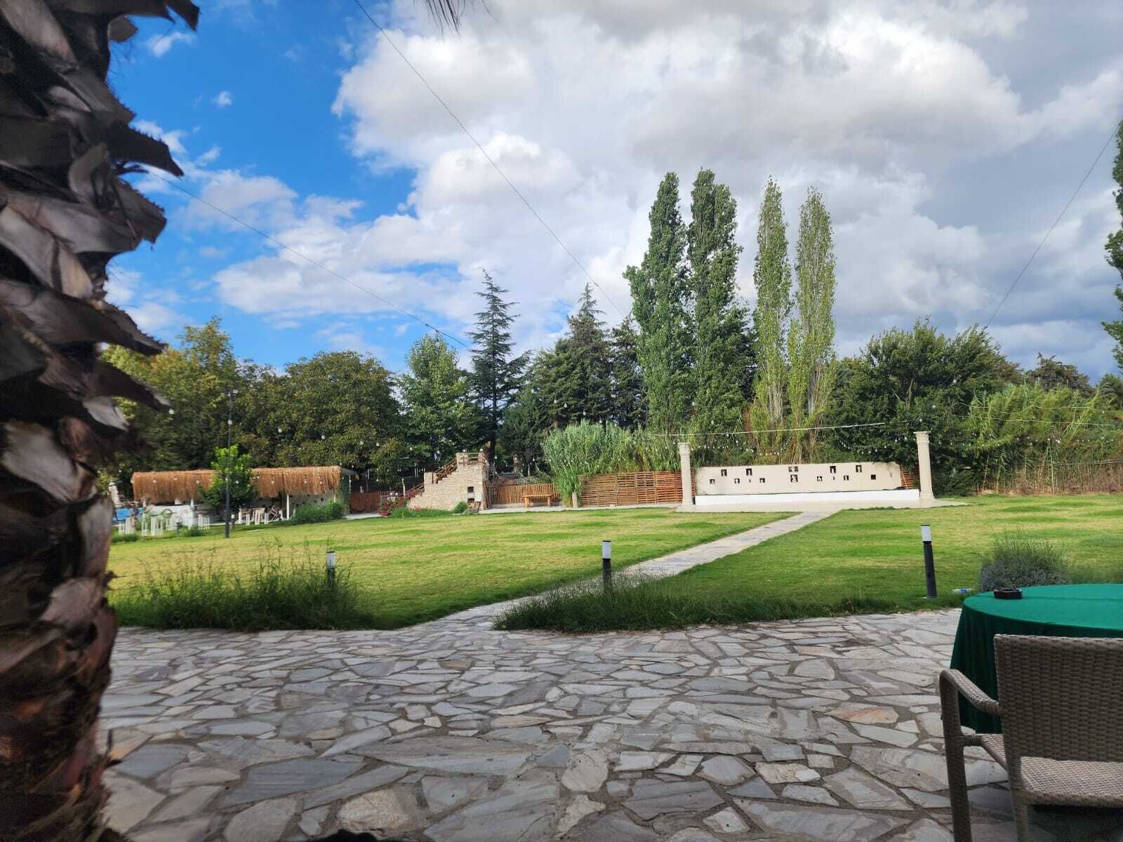 A stone-paved patio with a table and chair, a grassy lawn, and a row of trees in the background.
