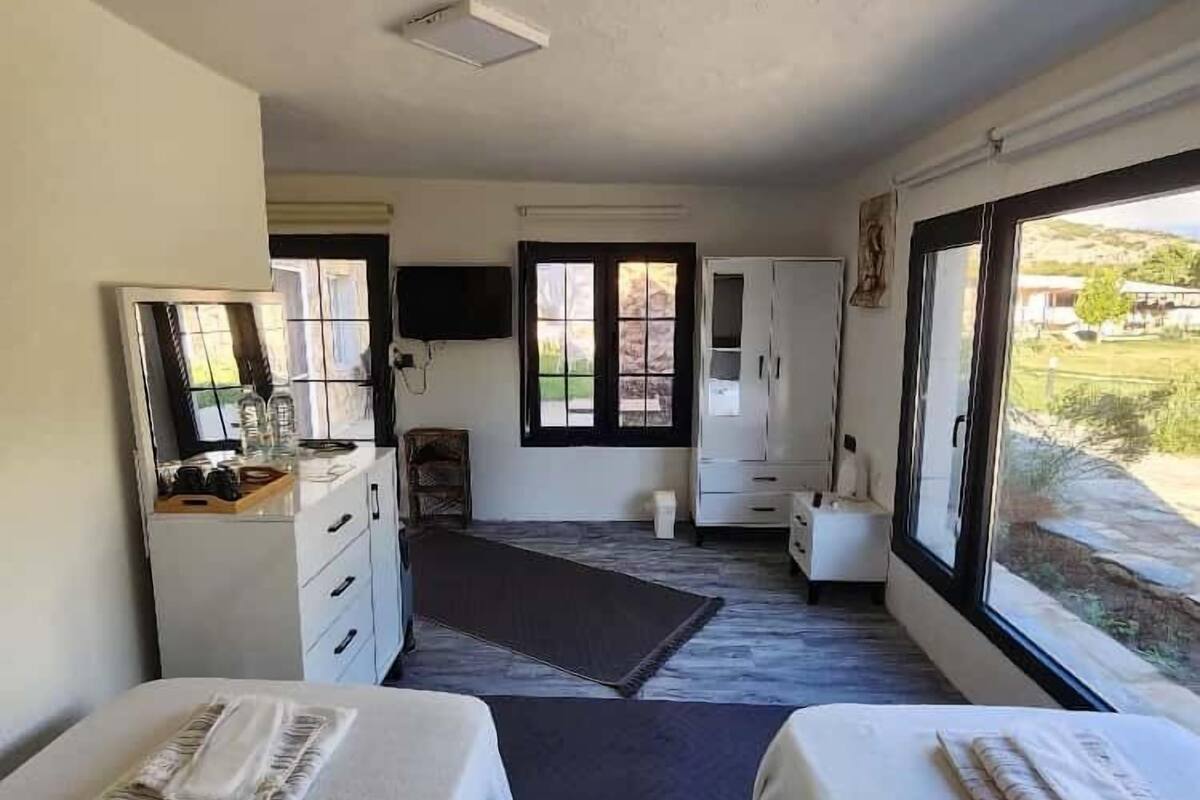 Habitación con dos camas, un escritorio, una silla, un televisor y una ventana con vistas al exterior.