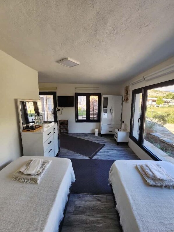 A room with two beds, a desk, a chair, a television, and a window with a view of the outdoors.