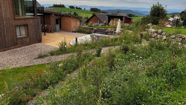 Une maison rustique en bois, dotée d’un balcon, d’un mur en pierre et d’un jardin où poussent diverses plantes et fleurs.