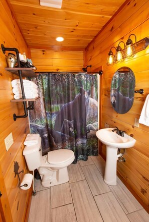 Hair dryer, towels, soap, shampoo