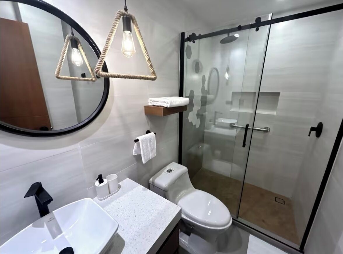 Hair dryer, towels, soap, toilet paper