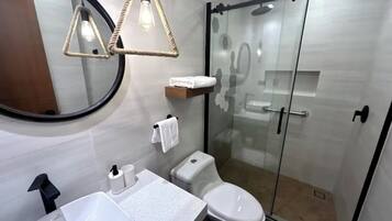 Hair dryer, towels, soap, toilet paper