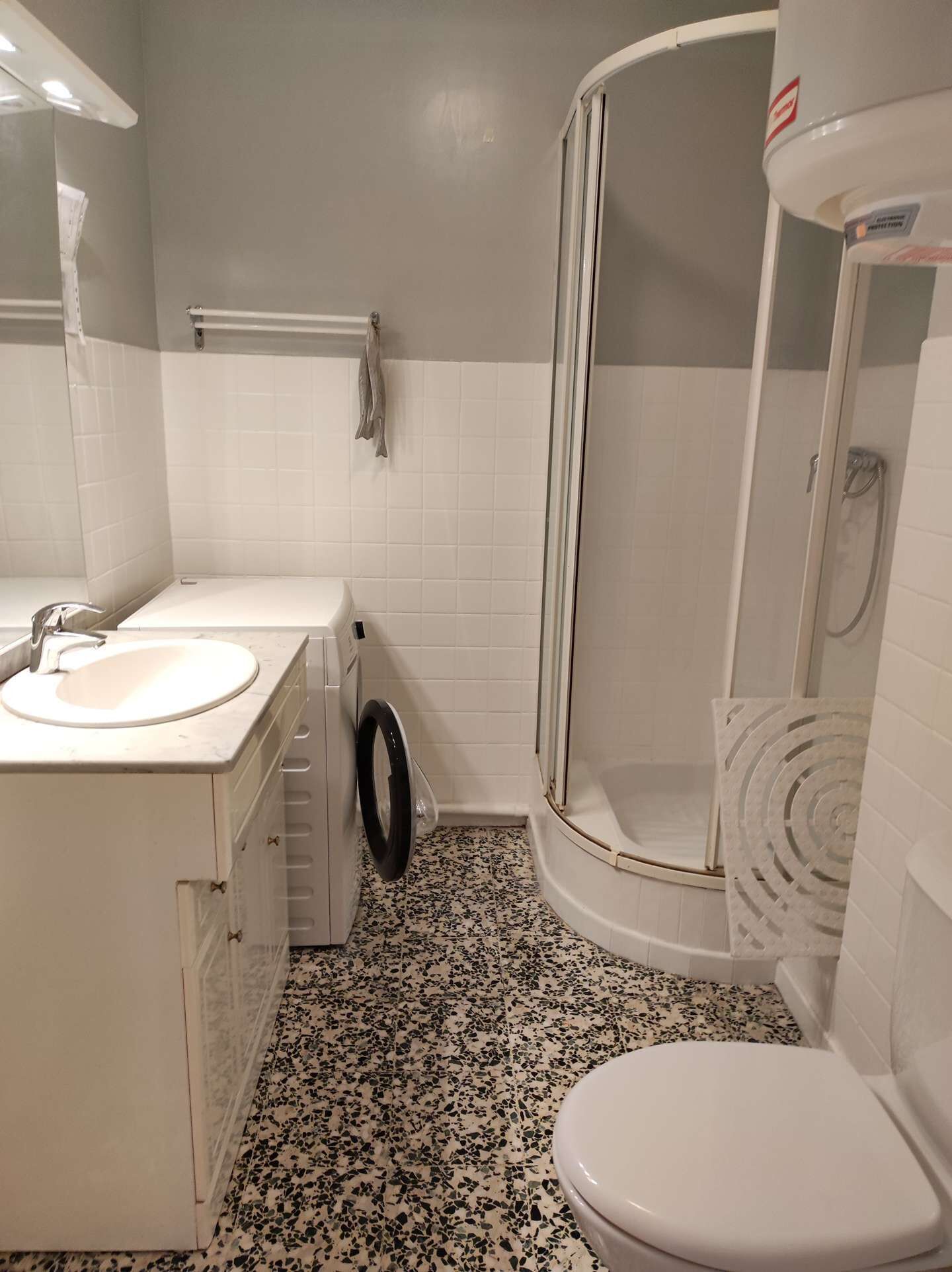 Une salle de bain équipée d’un lavabo, de toilettes, d’une douche et d’un lave-linge.