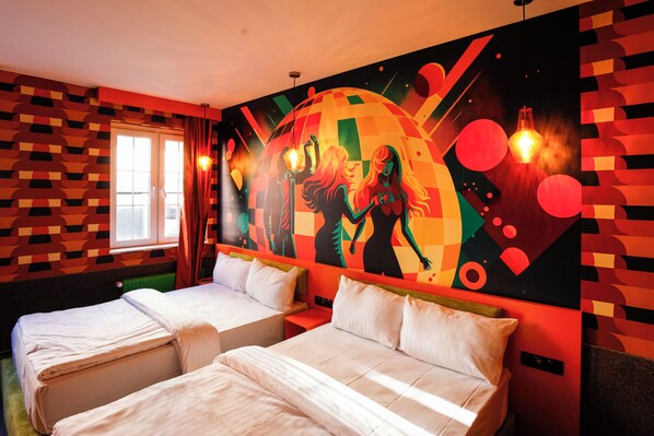 Desk, laptop workspace, free WiFi, bed sheets