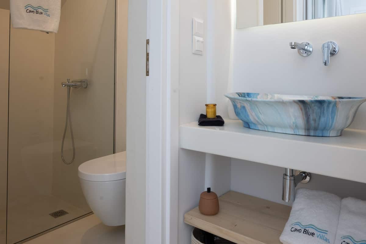 A modern bathroom with a glass shower enclosure, a white toilet, a vanity with a blue marble sink, and a mirror above the sink.