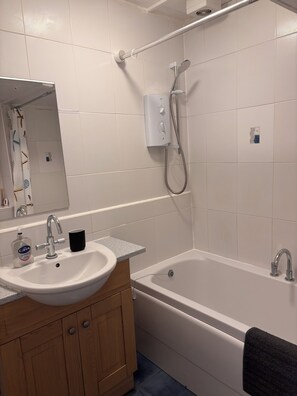 Secador de cabelo, toalhas de banho, shampoo, papel higiênico