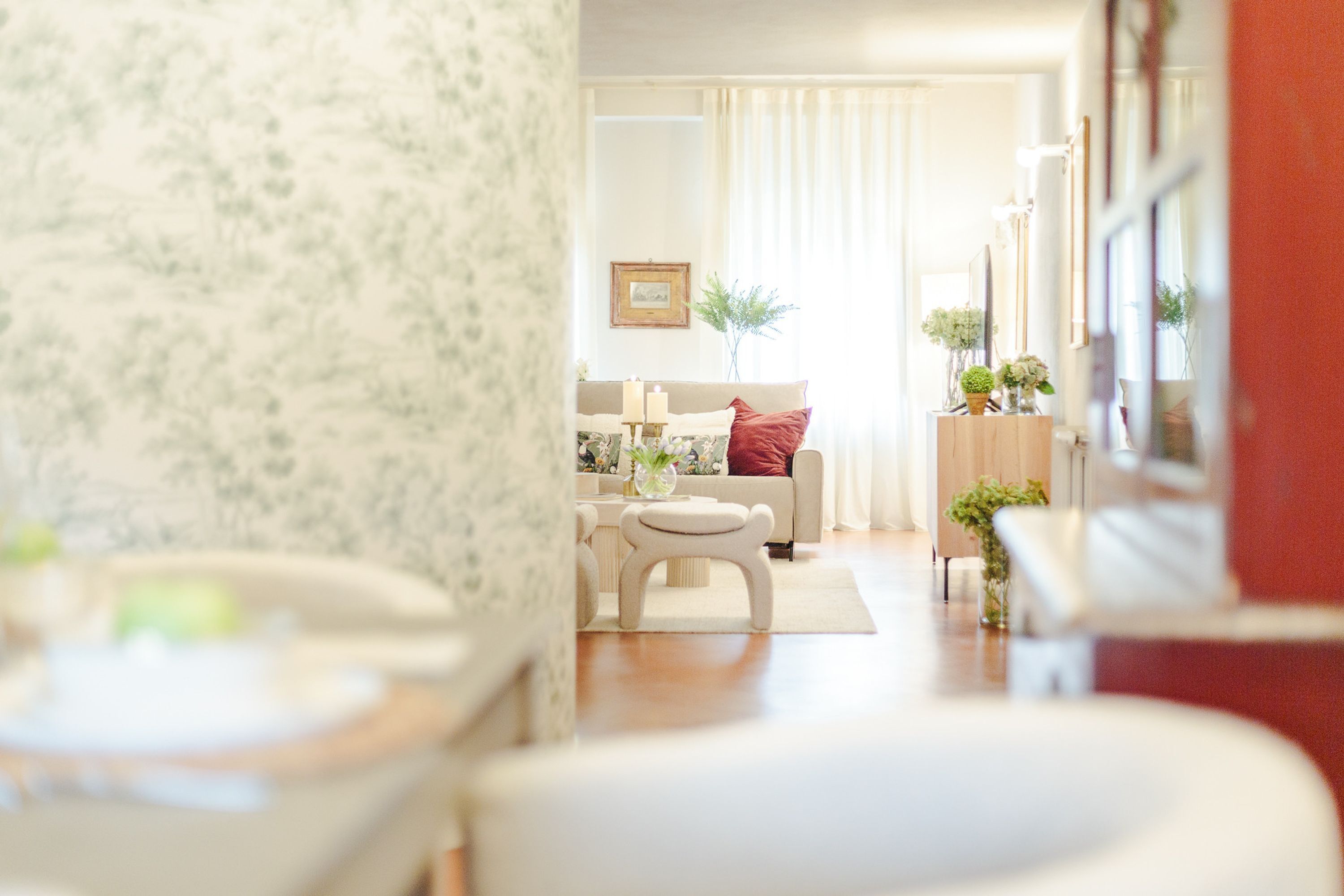 A modern living room with a sofa, coffee table, and decorative plants.