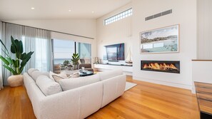 Smart TV, fireplace, books, stereo
