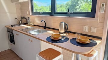 Cabin | Private kitchen | Fridge, microwave, oven, stovetop