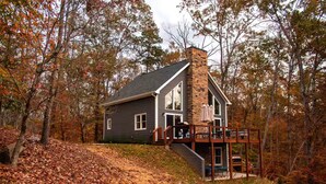 Une cabane avec une cheminée en pierre, une terrasse et une vue sur la forêt environnante.