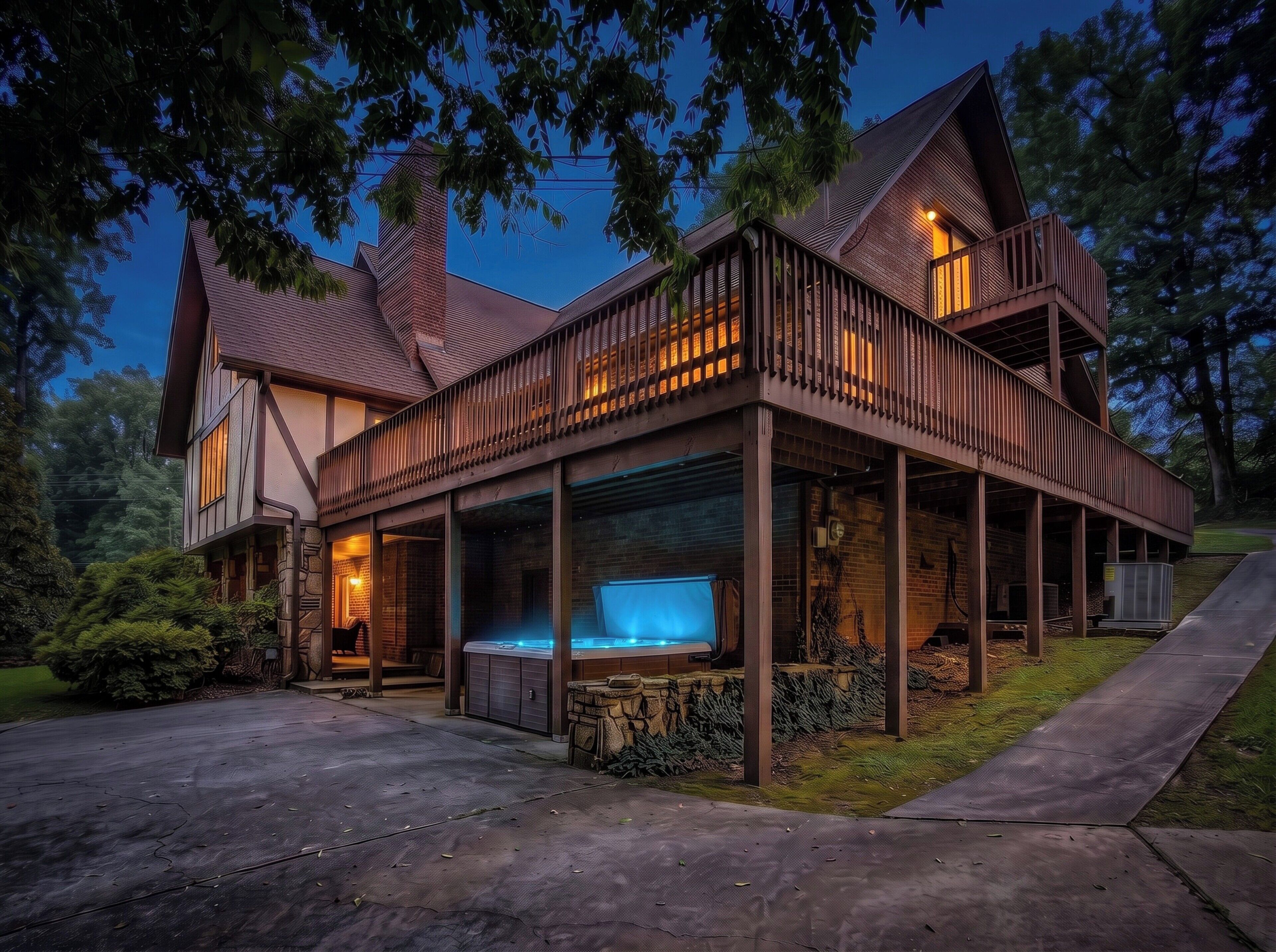 Una casa de dos pisos con balcón, jacuzzi y chimenea de piedra.