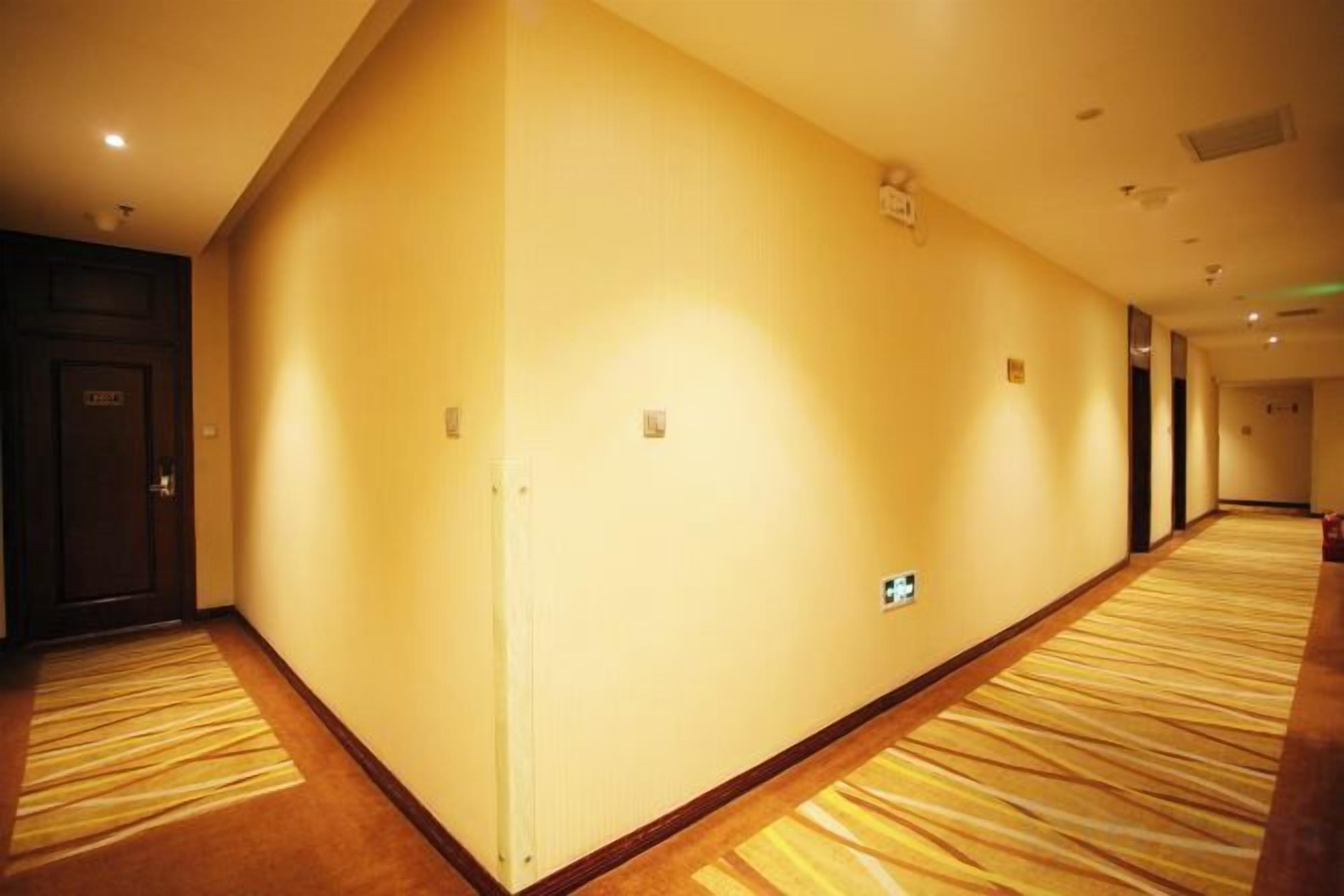 Un pasillo de hotel con pisos alfombrados, una puerta a la izquierda y un interruptor de luz en la pared.