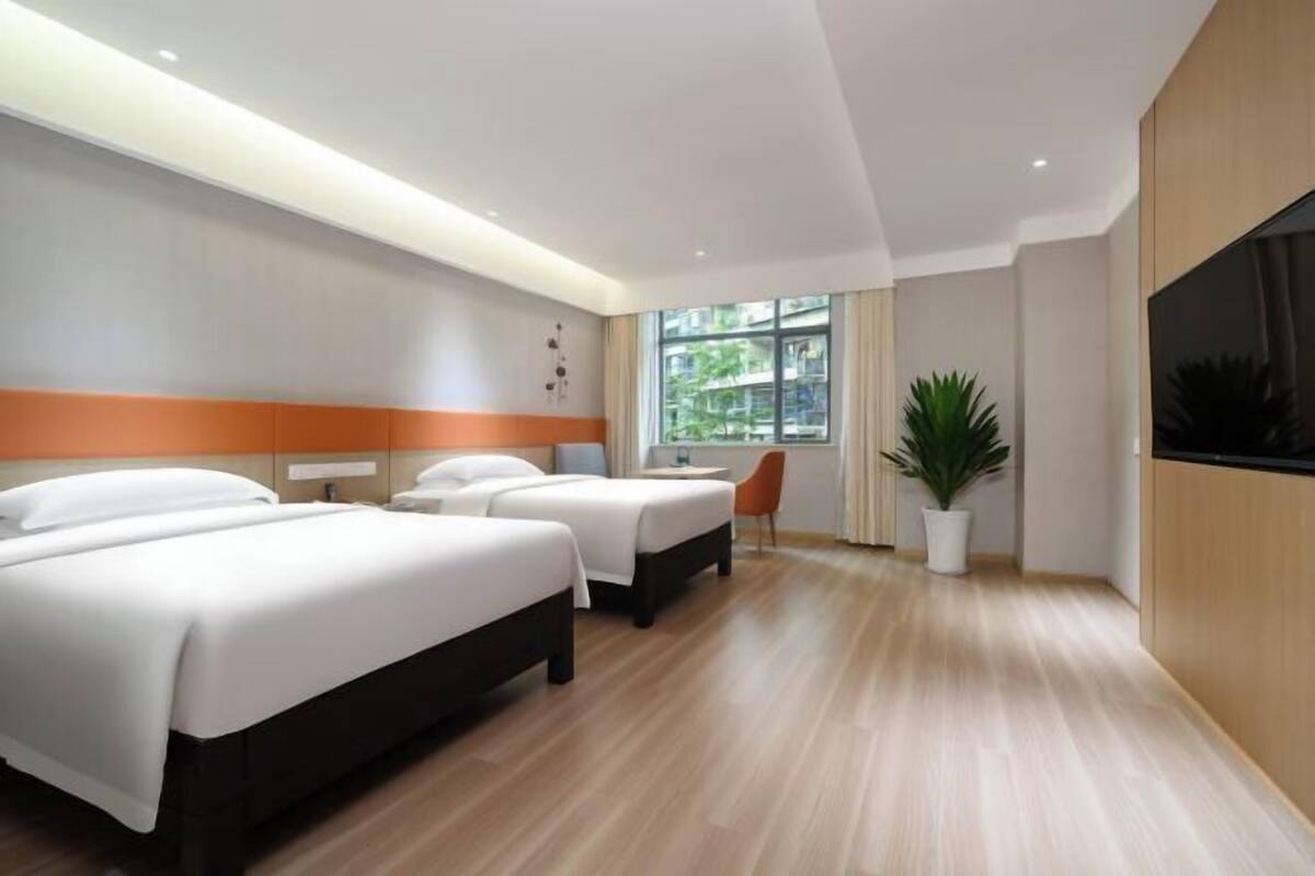 A hotel room with two beds, a TV, a potted plant, and a window with a view of buildings.