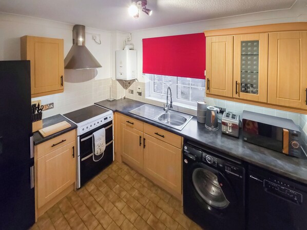 Dishwasher, high chair, cookware/dishes/utensils
