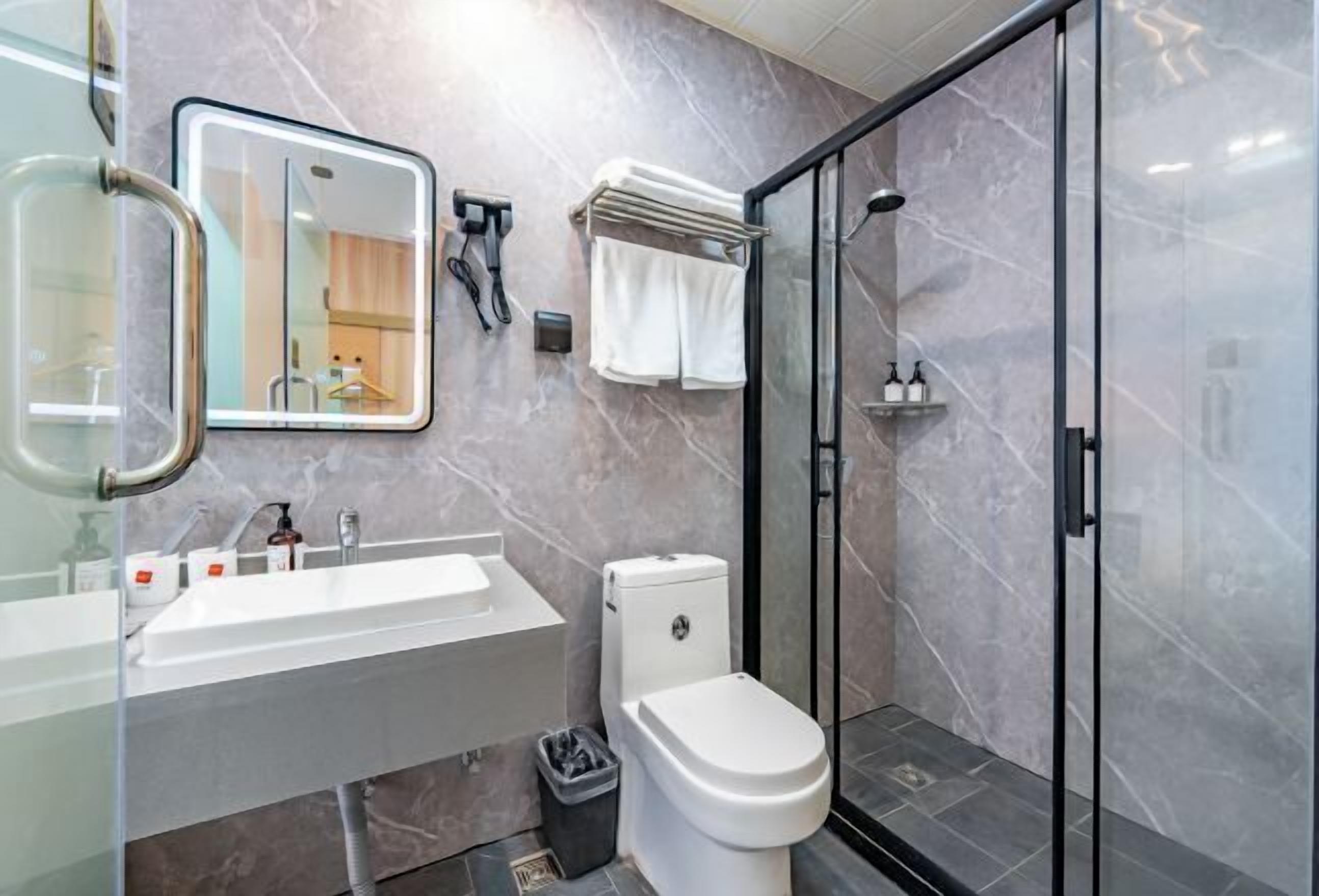 A modern bathroom with a glass shower enclosure, a white sink, and a toilet.