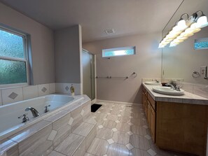 Shower, jetted tub, hair dryer, towels
