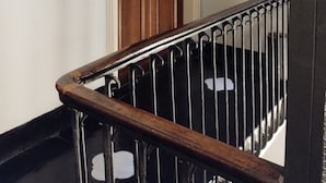 Una puerta de madera con un arco decorativo encima, una barandilla de escalera de metal y un interruptor de luz en la pared.