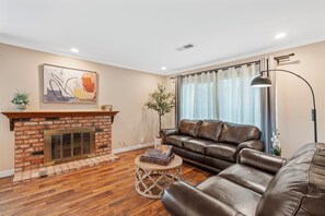 Smart TV, fireplace, foosball