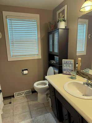 Hair dryer, towels, soap, shampoo