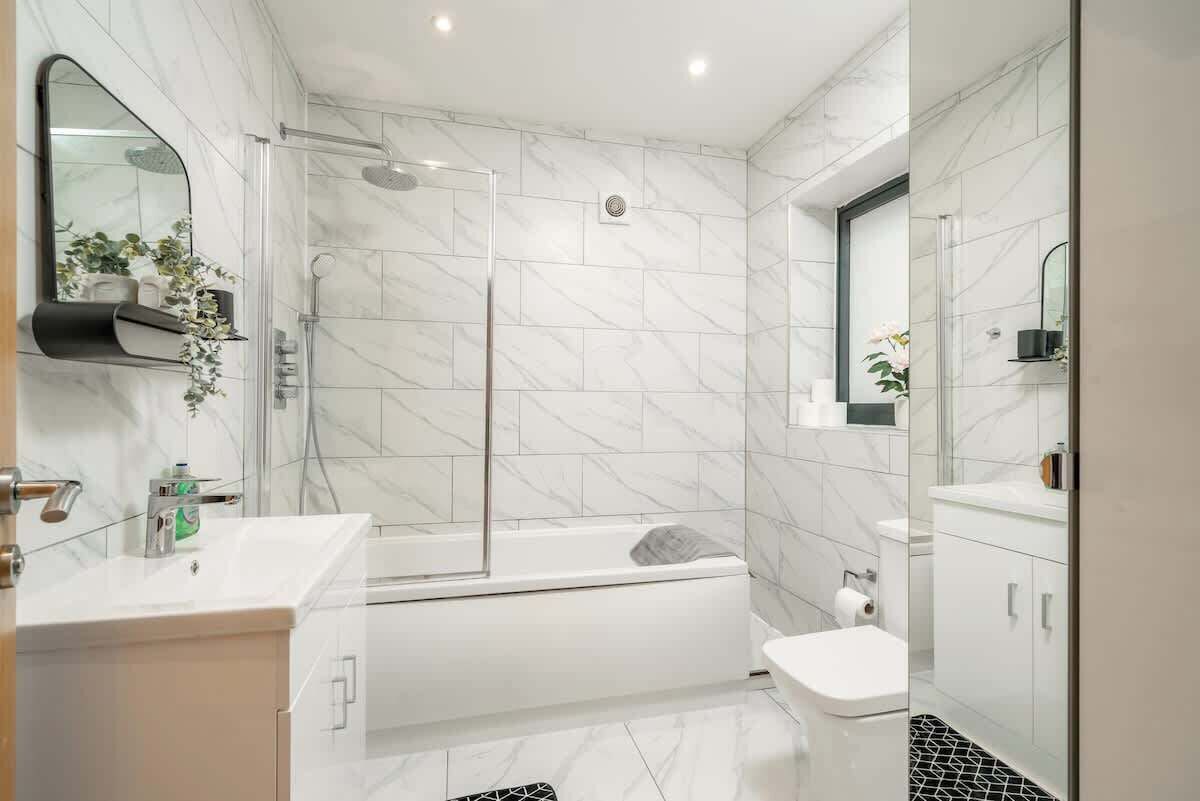 Shower, hair dryer, shampoo