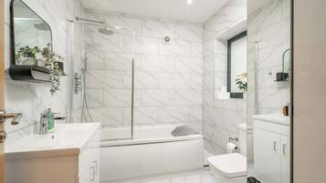 Shower, hair dryer, shampoo