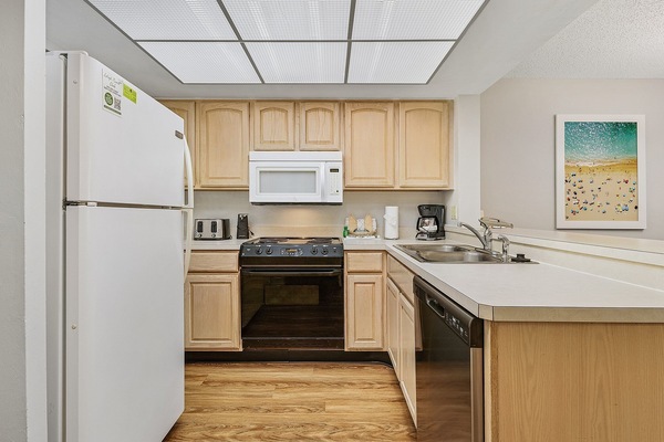 Full-size fridge, microwave, oven, stovetop