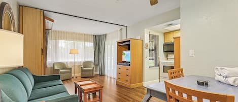 32-inch flat-screen TV with cable channels, DVD player, table tennis