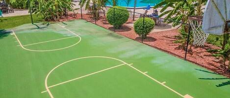 A basketball court with a pool and palm trees in the background.