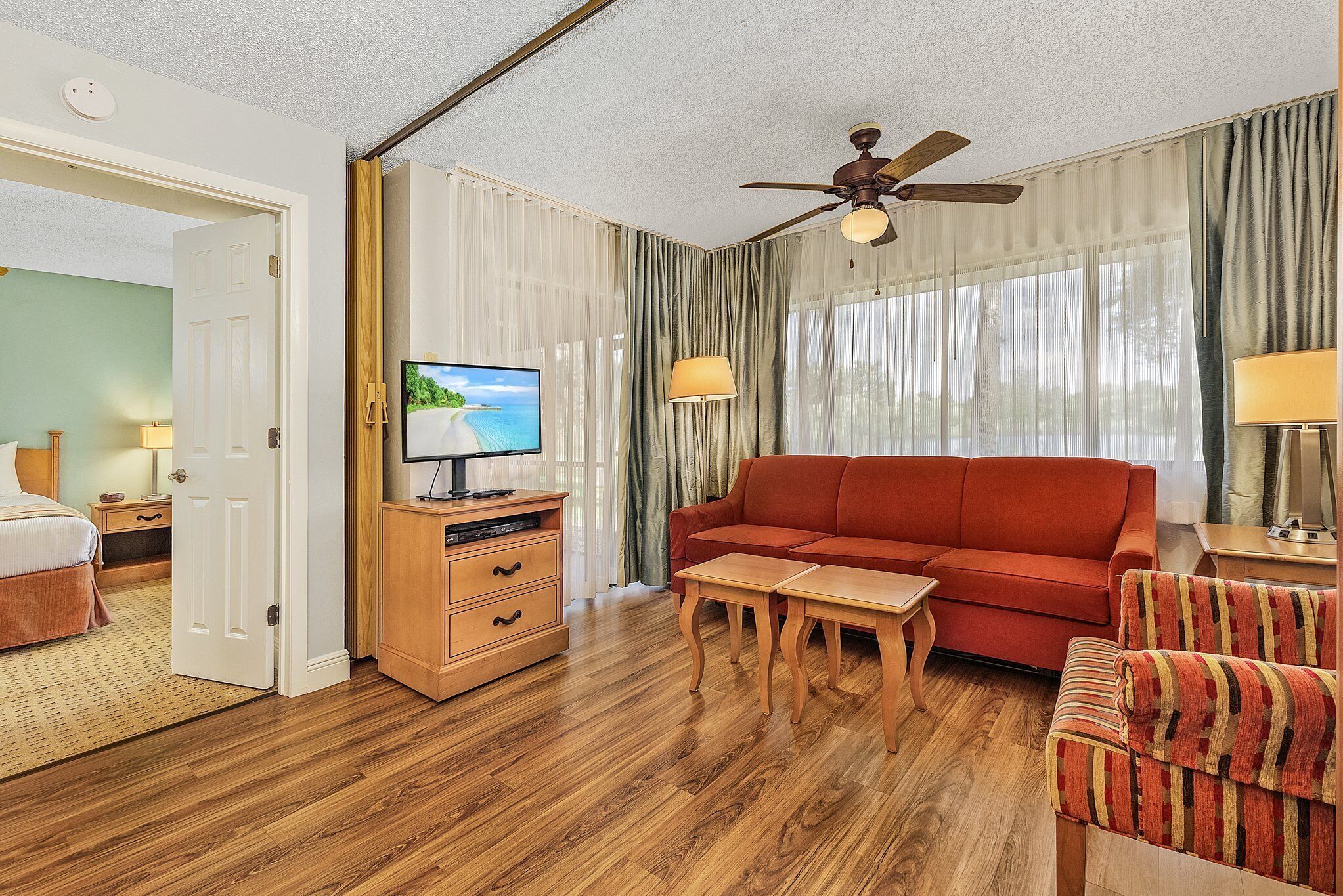 32-inch flat-screen TV with cable channels, DVD player, table tennis