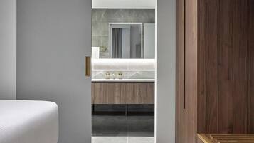 Hair dryer, towels, soap