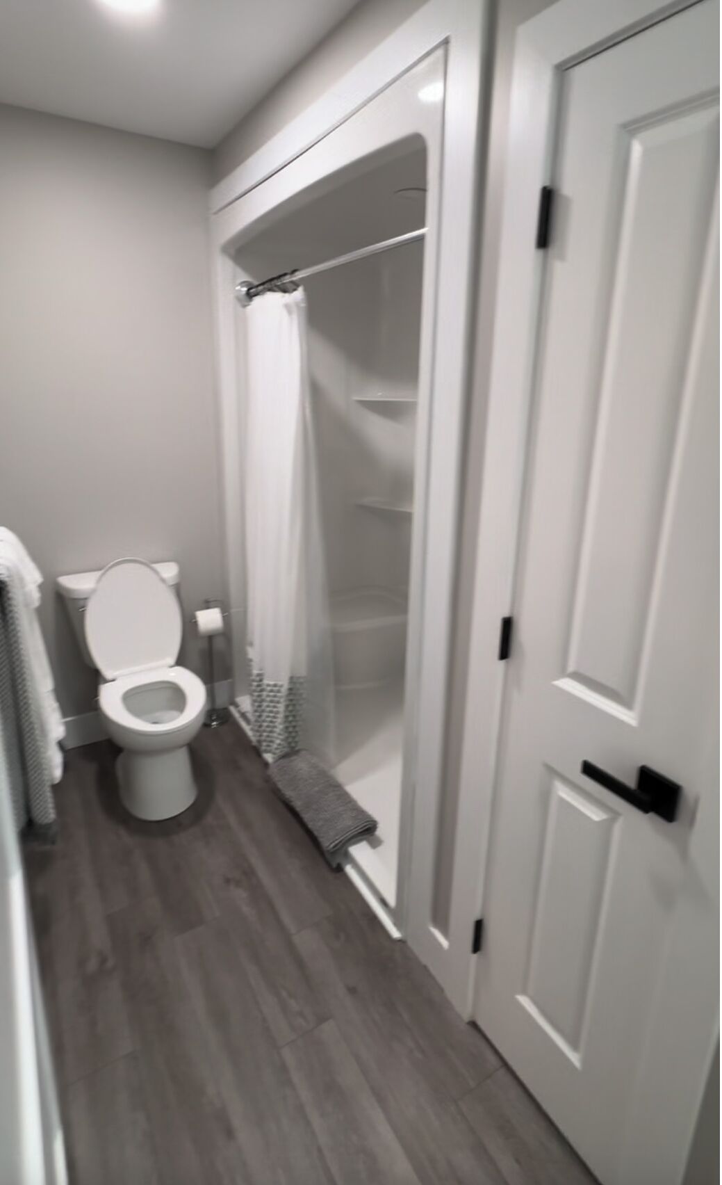 A narrow bathroom with a toilet, a shower with a glass door, and a white door.