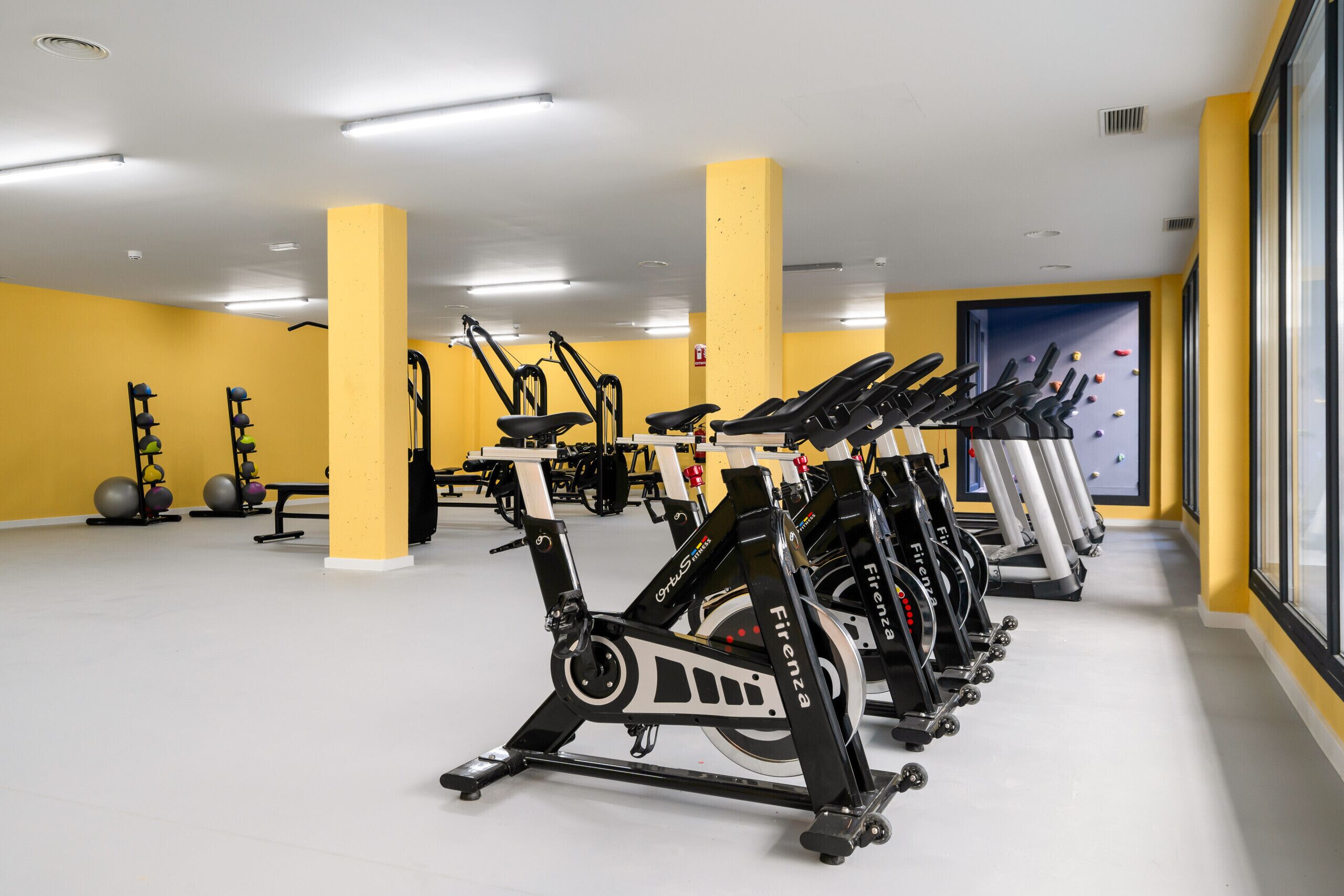 A gym with stationary bikes, exercise balls, and a climbing wall.