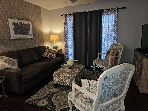 TV, DVD player, books, video library