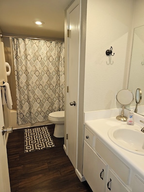 Hair dryer, towels, soap, shampoo