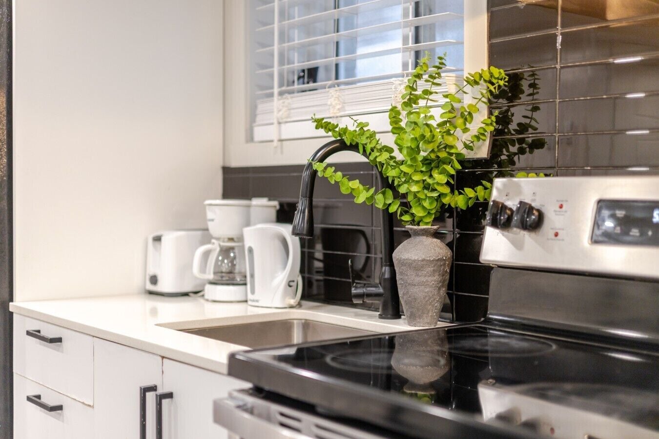 Cafetera y tetera, refrigerador, microondas y horno 