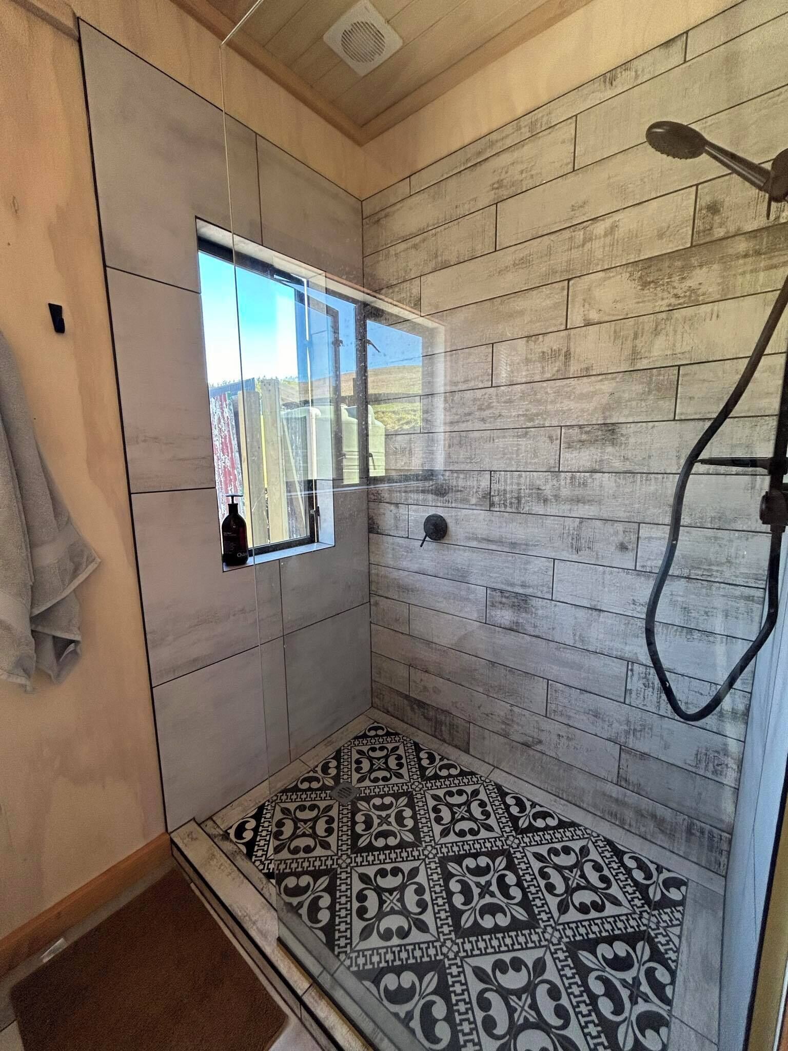 Shower, towels, soap, toilet paper