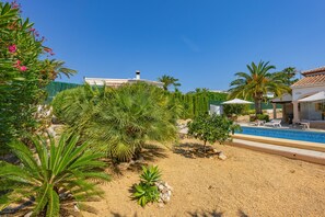 A pool area with palm trees, a small pool, and a building with a tiled roof. - Villa Mona - PlusHolidays (Calpe)