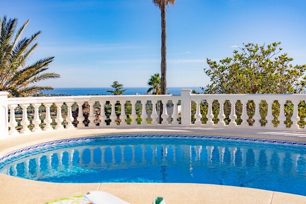 Una piscina con ringhiera bianca, palme e vista libera sull'oceano.