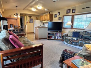 TV, fireplace, DVD player, books