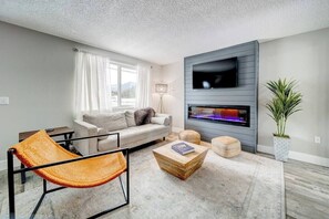 テレビ、暖炉、書庫