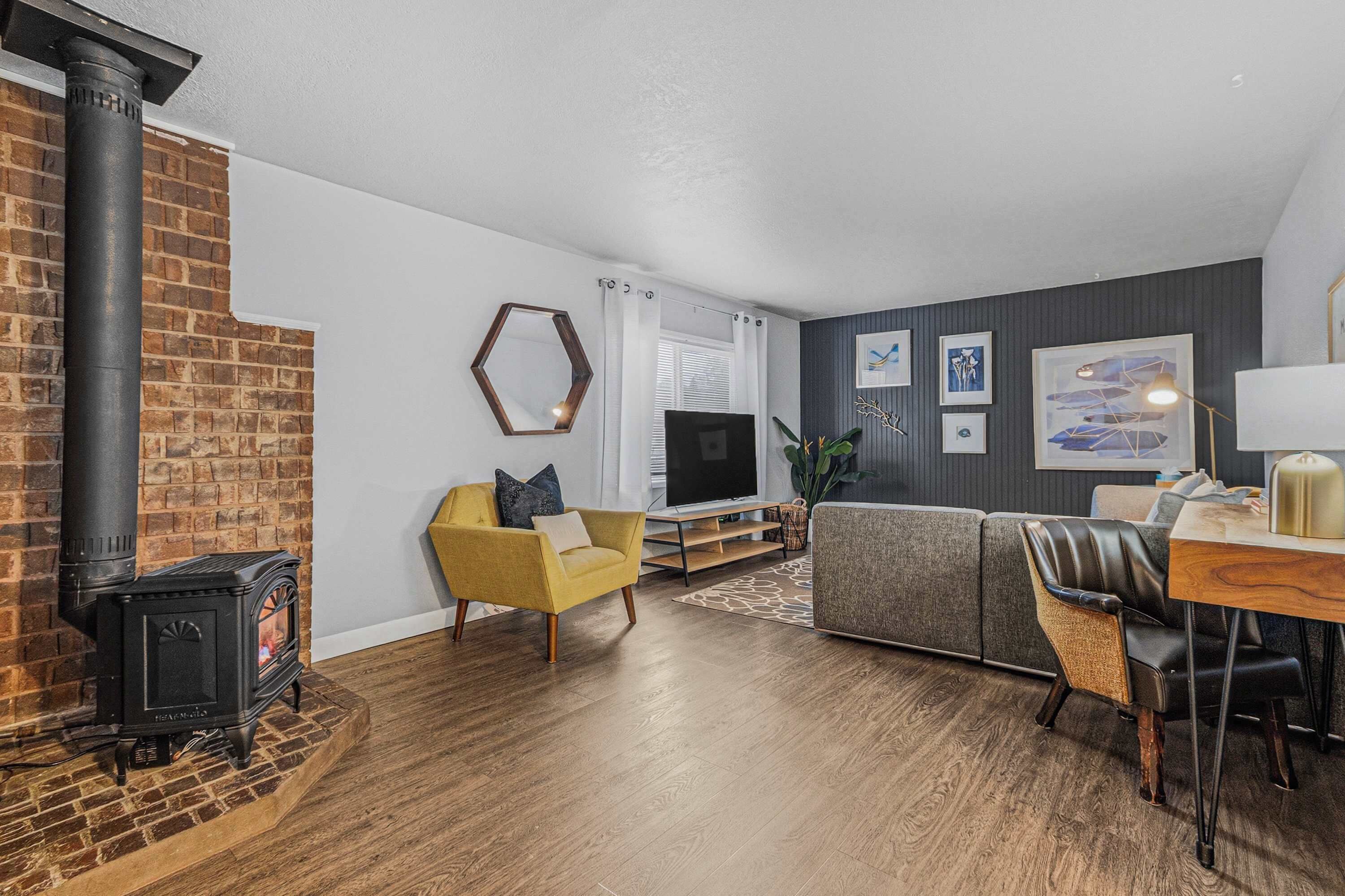 TV, fireplace, books