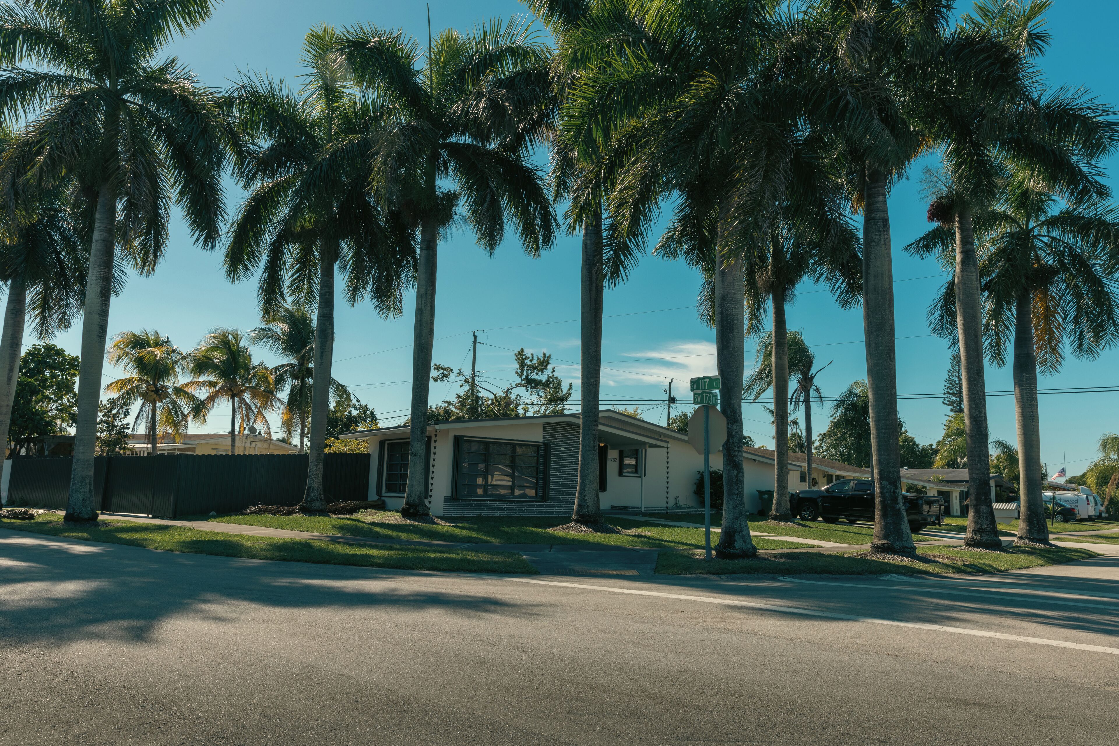 A single-story house with a large front window and a garage, surrounded by palm trees.