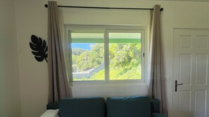 Ein Zimmer mit einem petrolfarbenen Sofa, einem Fenster mit Vorhängen, einer Tür und einer Wandpflanze.